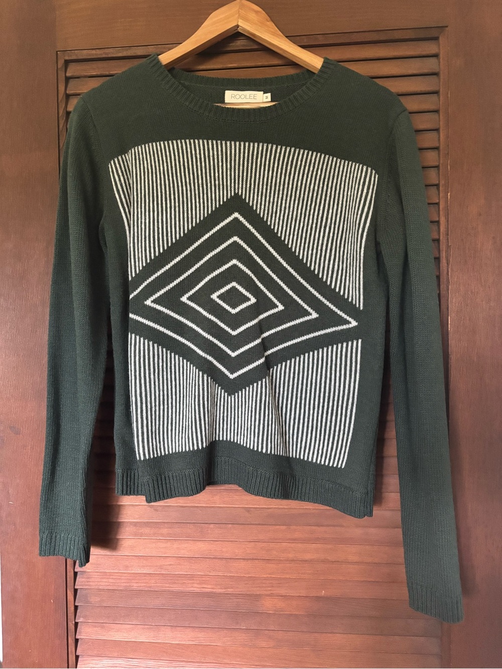 Roolee Men's Dark Green and White Geometric Crewneck Sweater